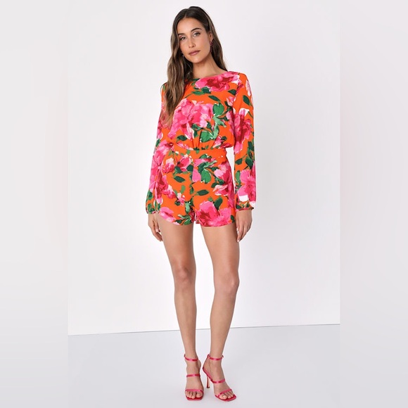 Lulus Women’s Sweetest Song Orange Floral Print Backless Long Sleeve Romper - Picture 5 of 15